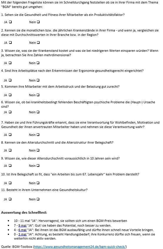 Schnelltest Betriebliches Gesundheitmanagement im Unternehmen